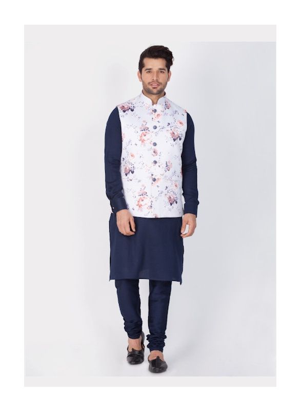 Men Blue Cotton Kurta Modi Jacket And Pyjama Set