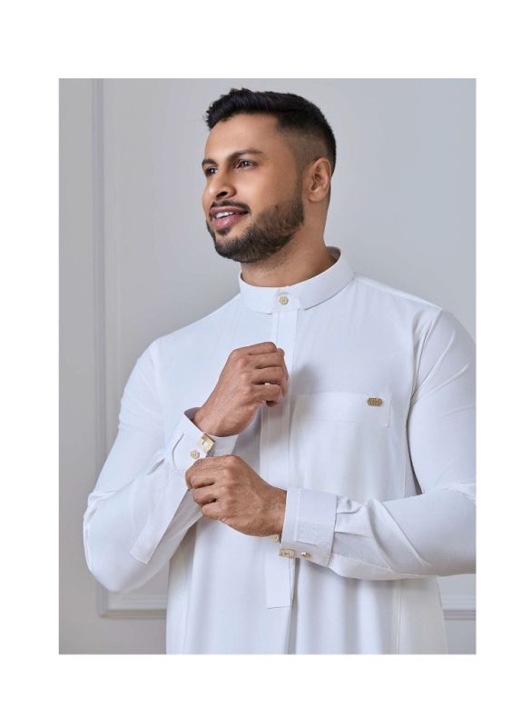 Al Noor Cream Jacquard Collar Thobe
