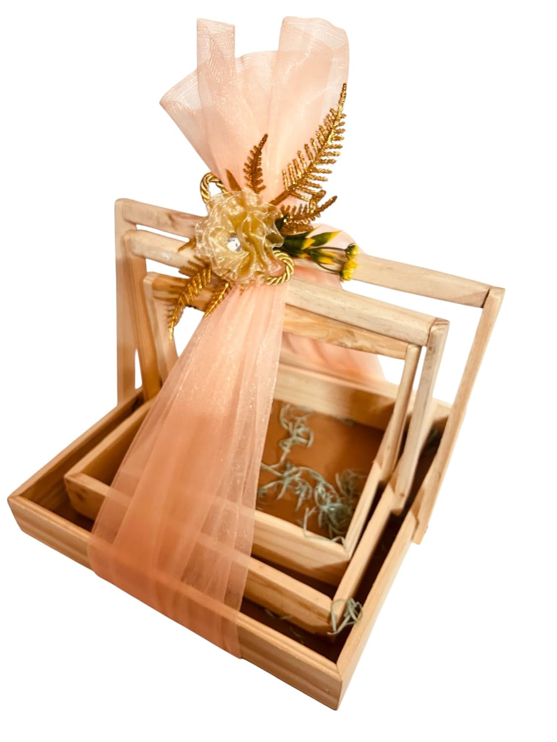Vayu Art & Crafts Set of 3 Square Pinewood Hamper Gift Handle Basket with Decoration Net & Flowers
