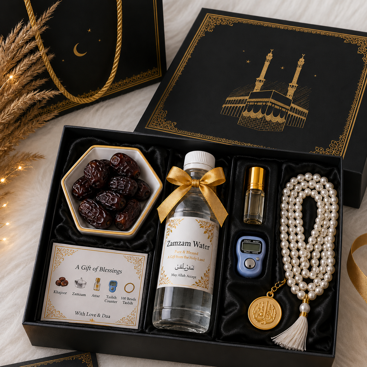 Royal Black Islamic Gift Hamper with Zamzam Bottle, Tasbih, Attar & Premium Dates