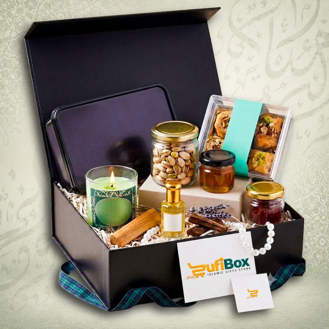 Luxury Eid & Ramadan Gift Hamper in Black Box | Premium Iftar Gift with Dates, Baklava, Oud Attar & Saffron