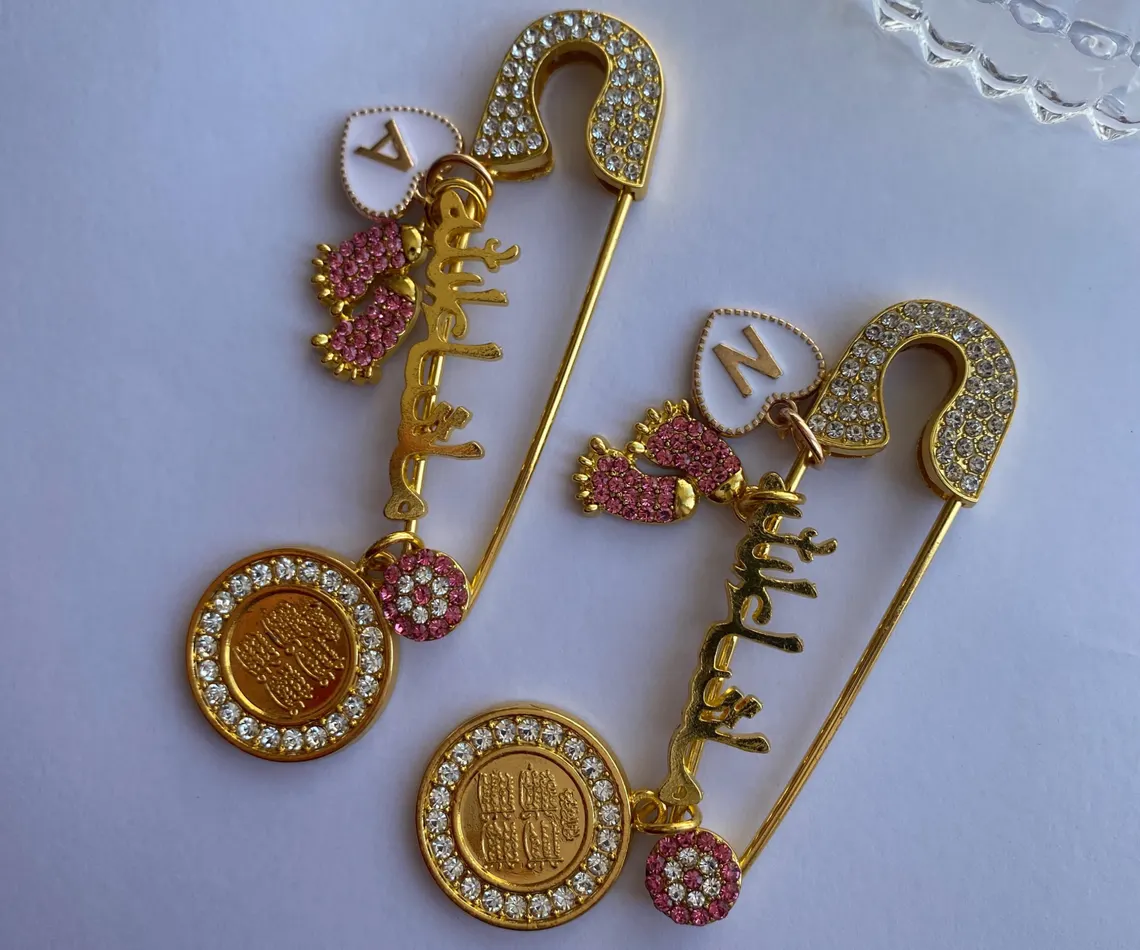Personalized Islamic Baby Pin: Pink & Gold Mashallah brooches