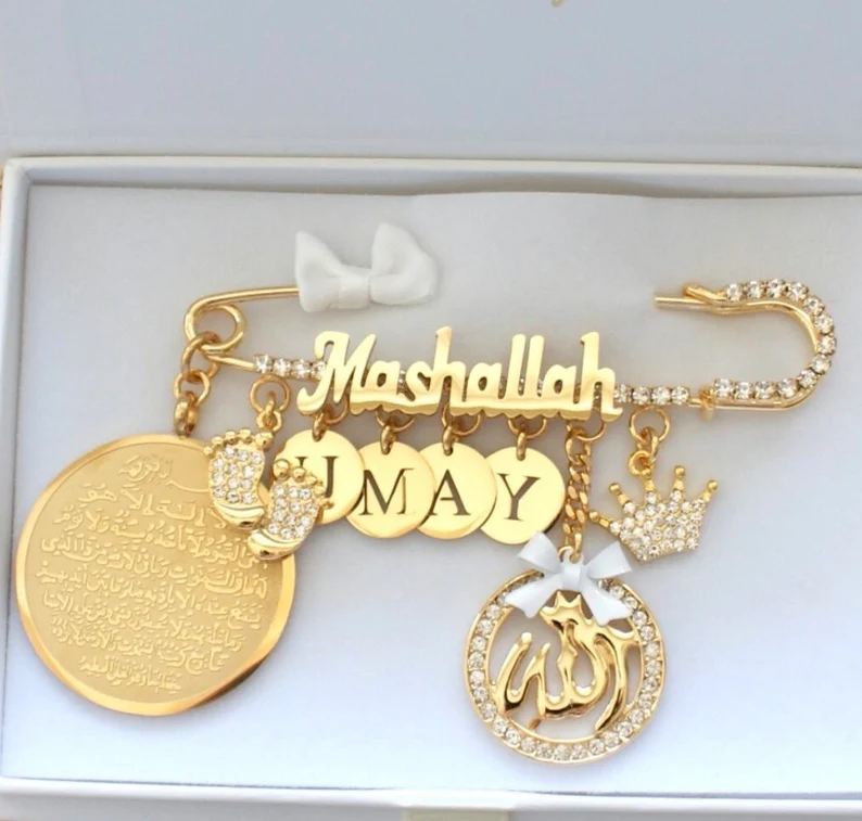 18k gold plated stroller pin newborn personalized gift Baby pin birth gift Mashallah Ayatul Kursi Allah muslim pin