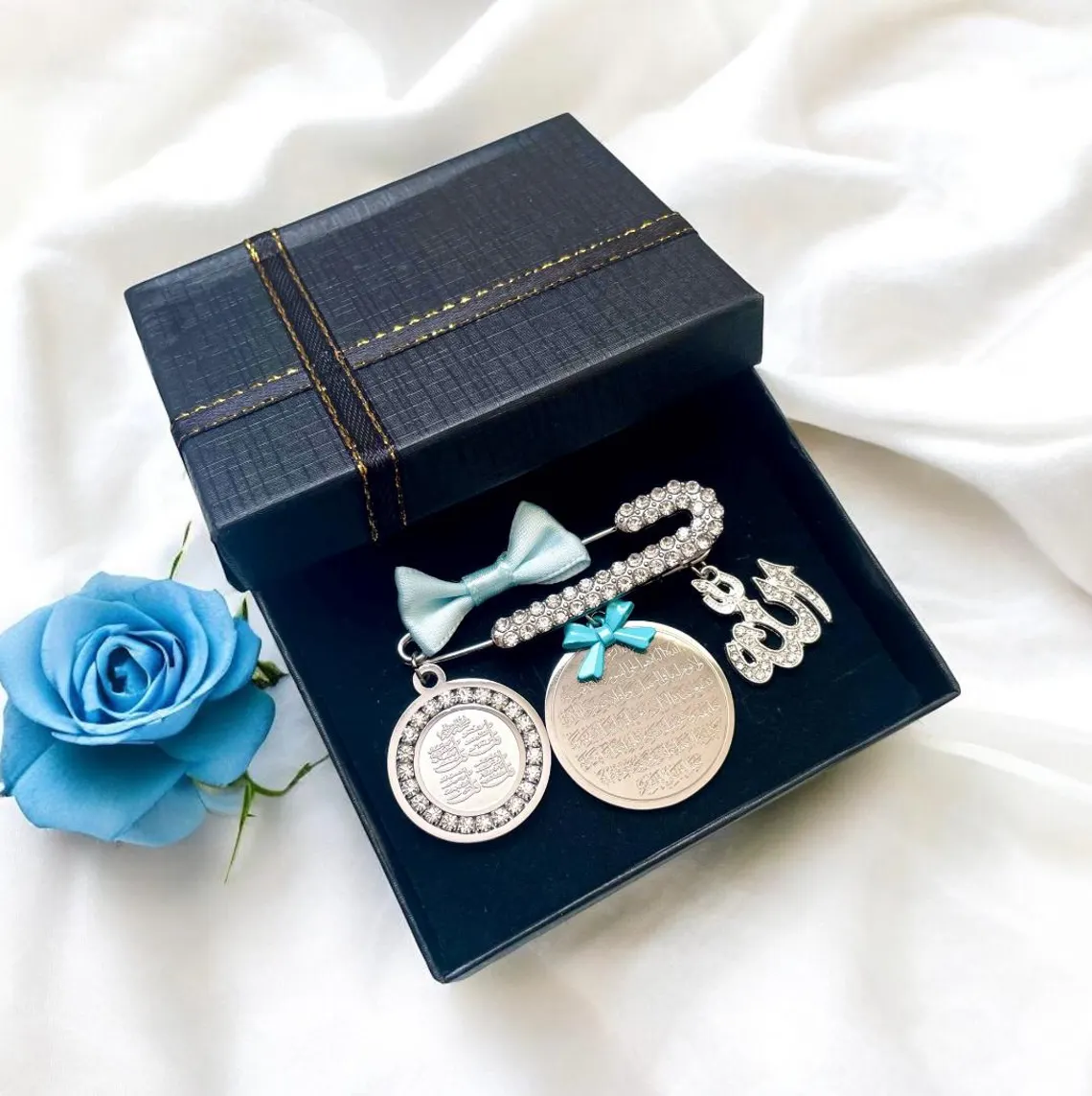 TRIPLE DUA Protection: Ayatul kursi, Four Qul, & Allah charm baby pin, Islamic baby brooches, Islamic baby gift, newborn gift.