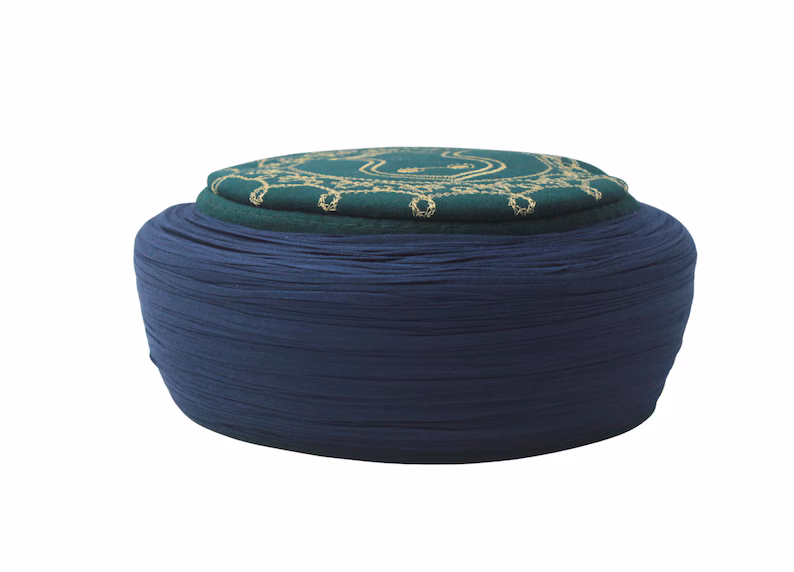 Handmade Nalain Pak Embroidery Hat | Green & Dark Blue Sunnah Imamah | Premium Nalayn Shareef Kufi for Men