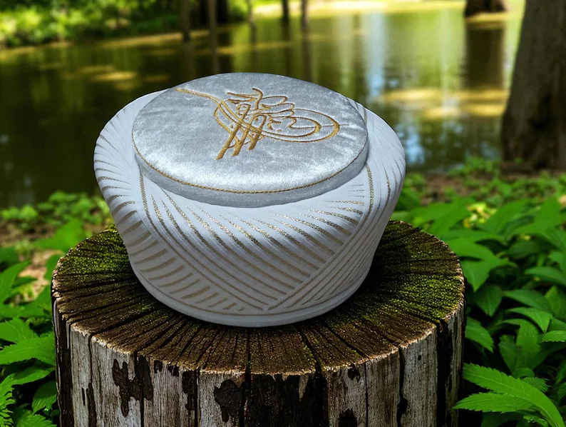 White Gold Islamic Imam Hat with Embroidered Tugra Velvet Top | Premium Ottoman Style Sufi Scholar Turban for Men