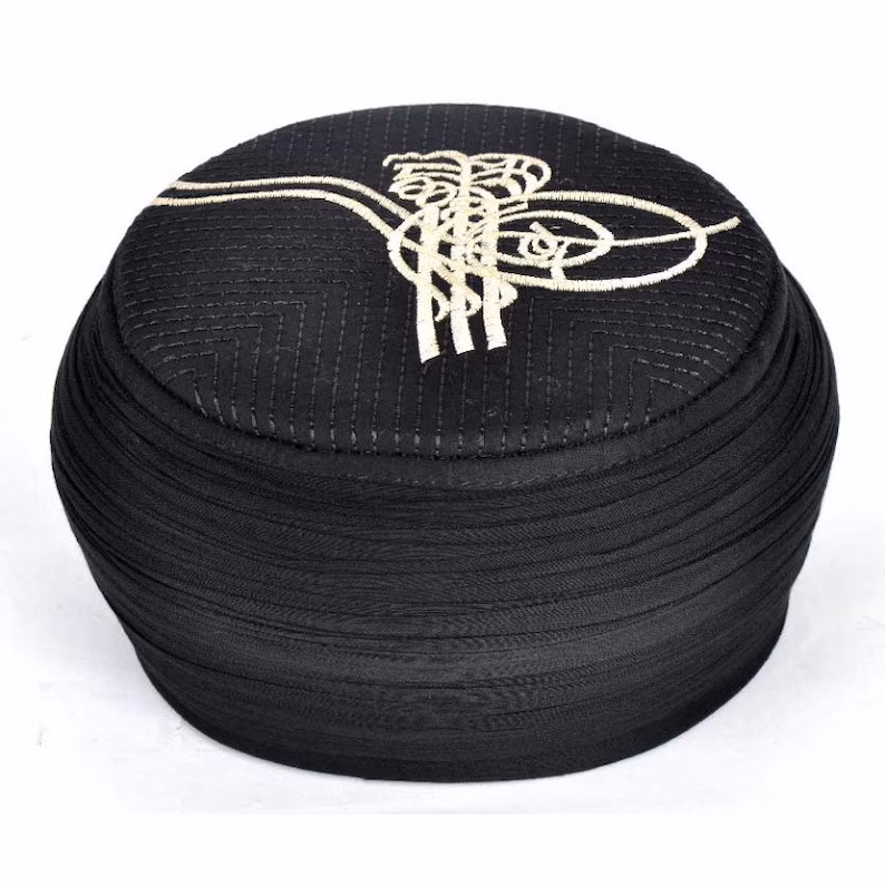 Hand Made Islamic Prayer Hat | Yellow Tughra Embroidered Kufi Cap | Premium Muslim Skull Cap & Imamah for Men