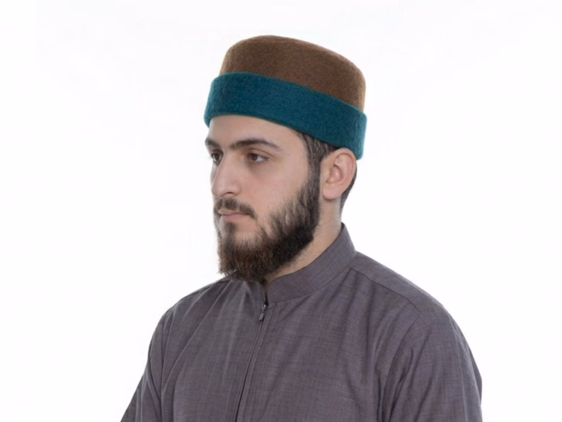Handmade Wool Felt Kufi Hat | Sufi Islamic Cap | Two-Tone Brown & Green Taqiyah | Traditional Muslim Prayer Cap for Men