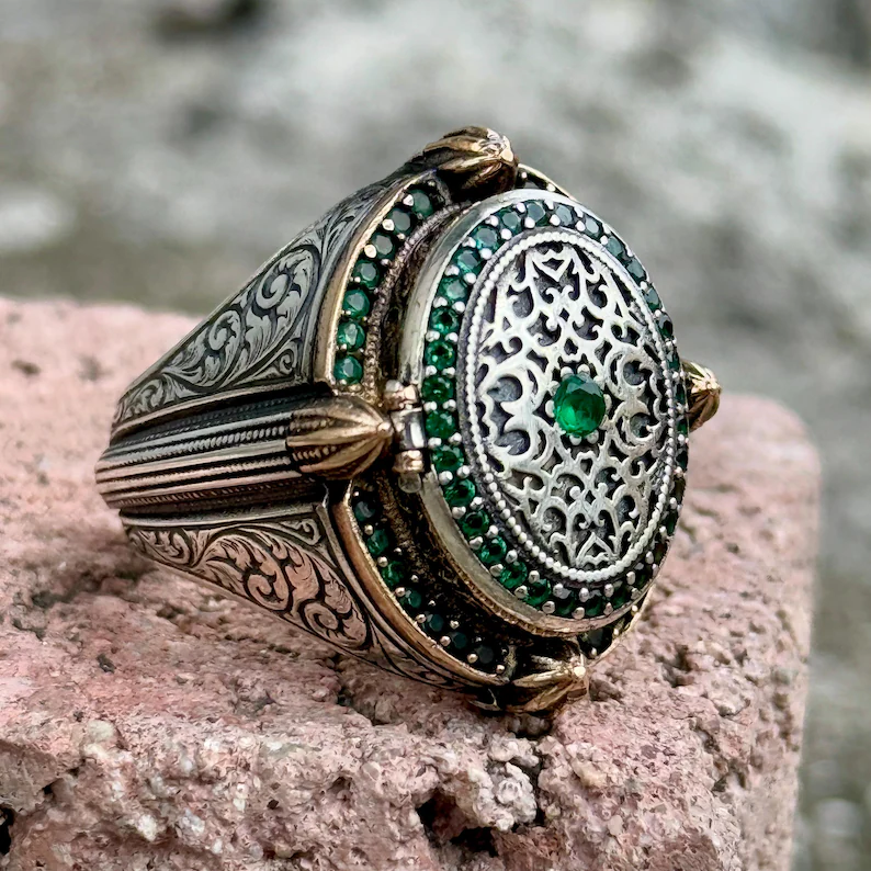 925 Sterling Silver Hasbiyallahu Islamic Prayer Box Ring with Emerald Gemstone | Handmade Turkish Men's Ring