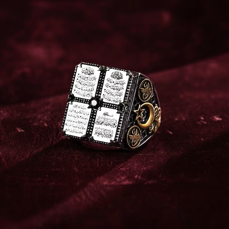 925 Sterling Silver Islamic Men’s Ring, 4 Surah Engraved, Ottoman Tugra Crescent Star