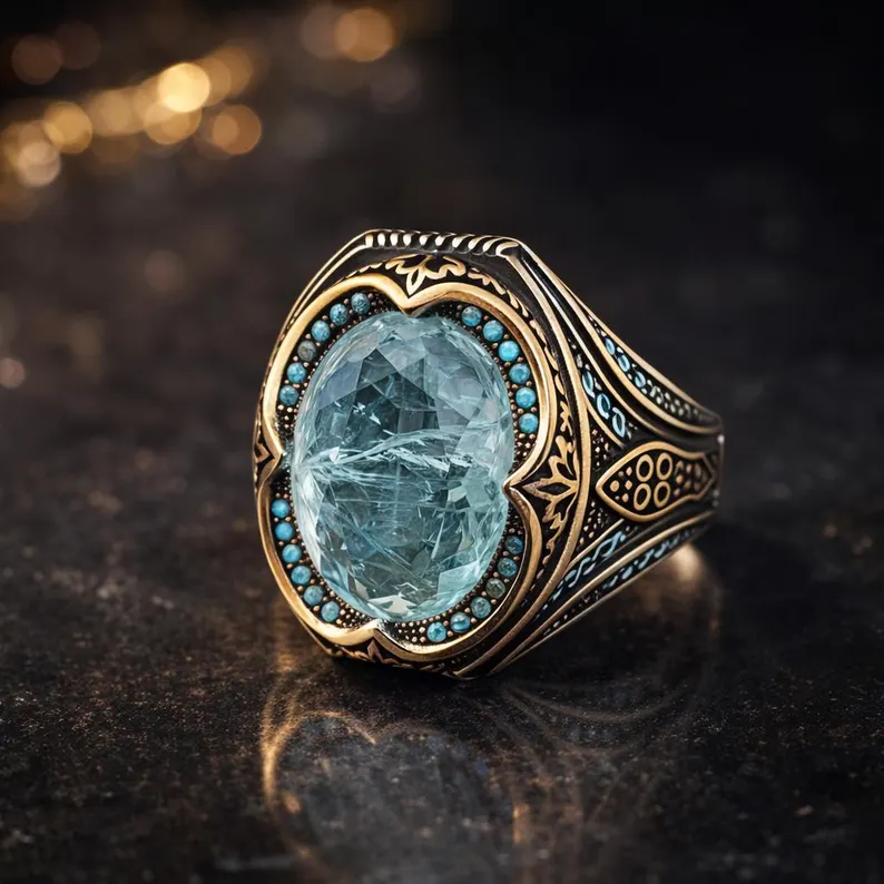 Turkish Blue Zircon Ring for Men | Handmade 925 Sterling Silver Ottoman Style Ring | Premium Men's Silver Jewellery