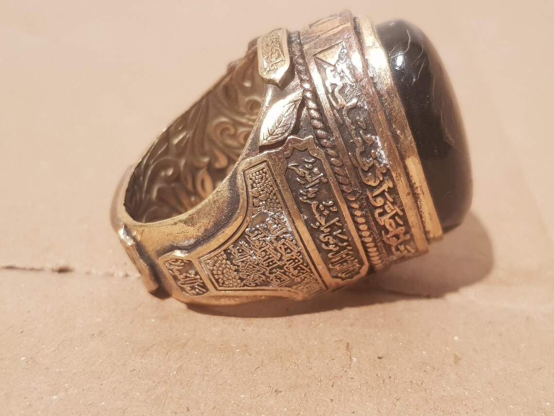 Ancient Islamic Talisman Style Ring | Handmade 925 Sterling Silver Black Stone Ring | Vintage Arabic Calligraphy Men's Ring