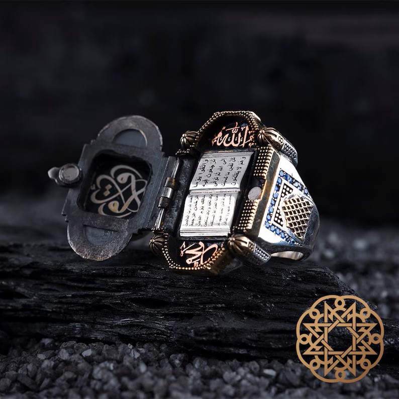 Openable Quran Mosque Ring | Handmade 925 Sterling Silver Islamic Ring for Men | White Stone Premium Muslim Jewellery