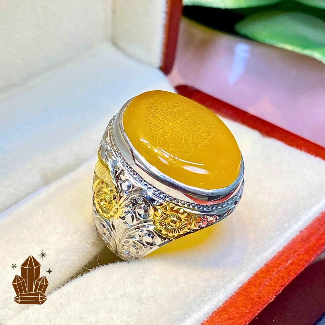 Handcrafted Agate Arabic Calligraphy Silver Ring