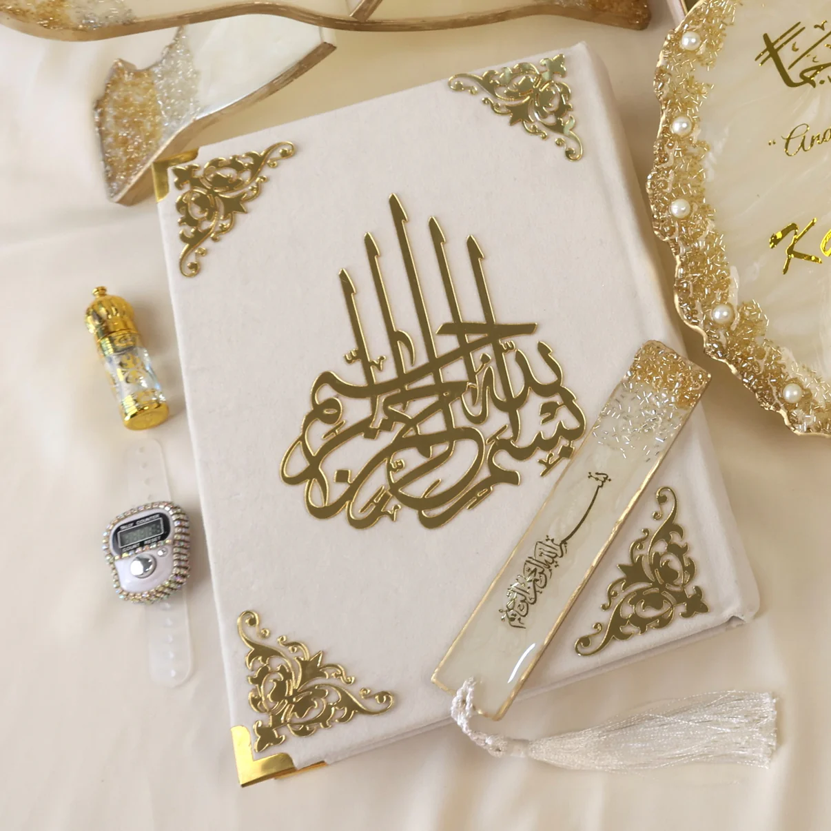 Luxury Off-White Quran Gift Set | Velvet Quran, Prayer Mat & Resin Rehal | Ae...