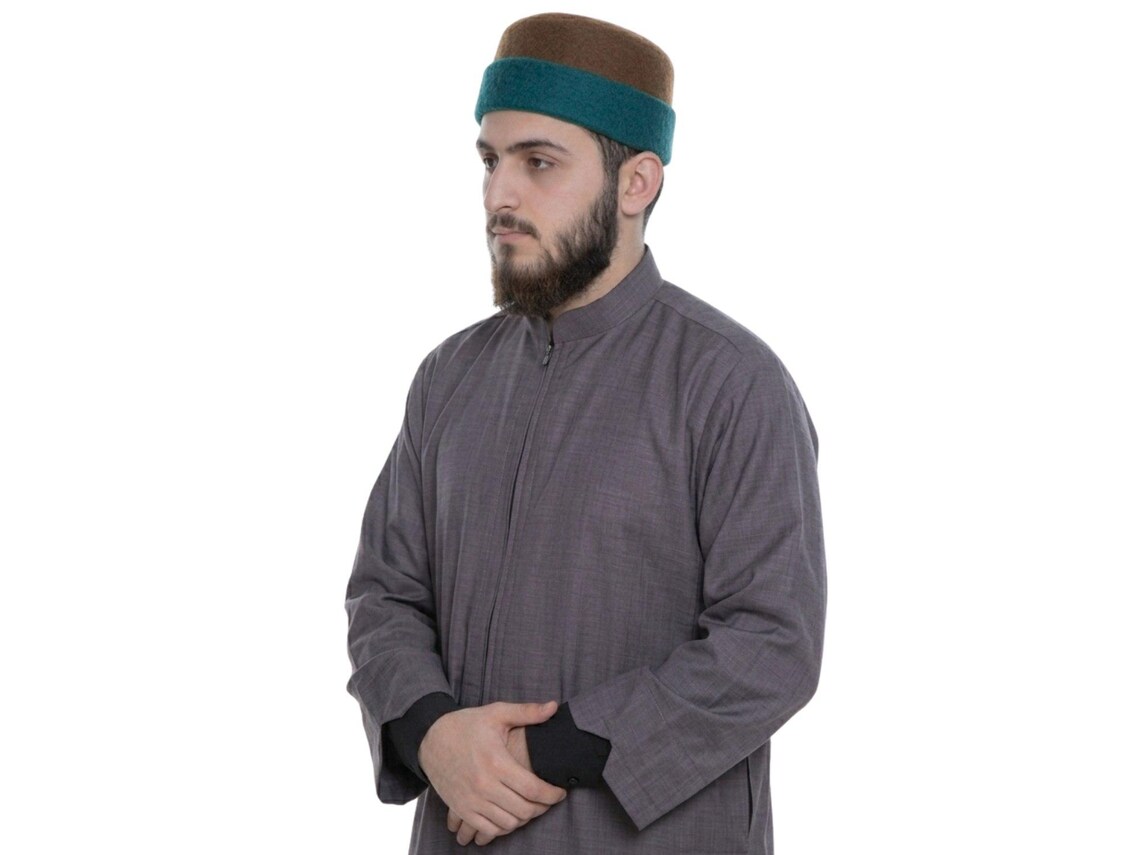Wool Felt Kufi Hat Handmade, Sufi Islamic Cap, Two Tone Brown Green Taqiyah, Traditional Muslim Hat, Prayer Cap Men