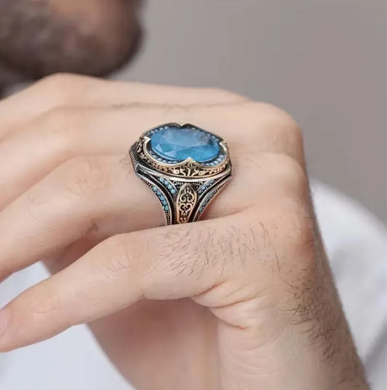 Turkish Blue Zircon Ring for Men, Vintage Ottoman Style Ring