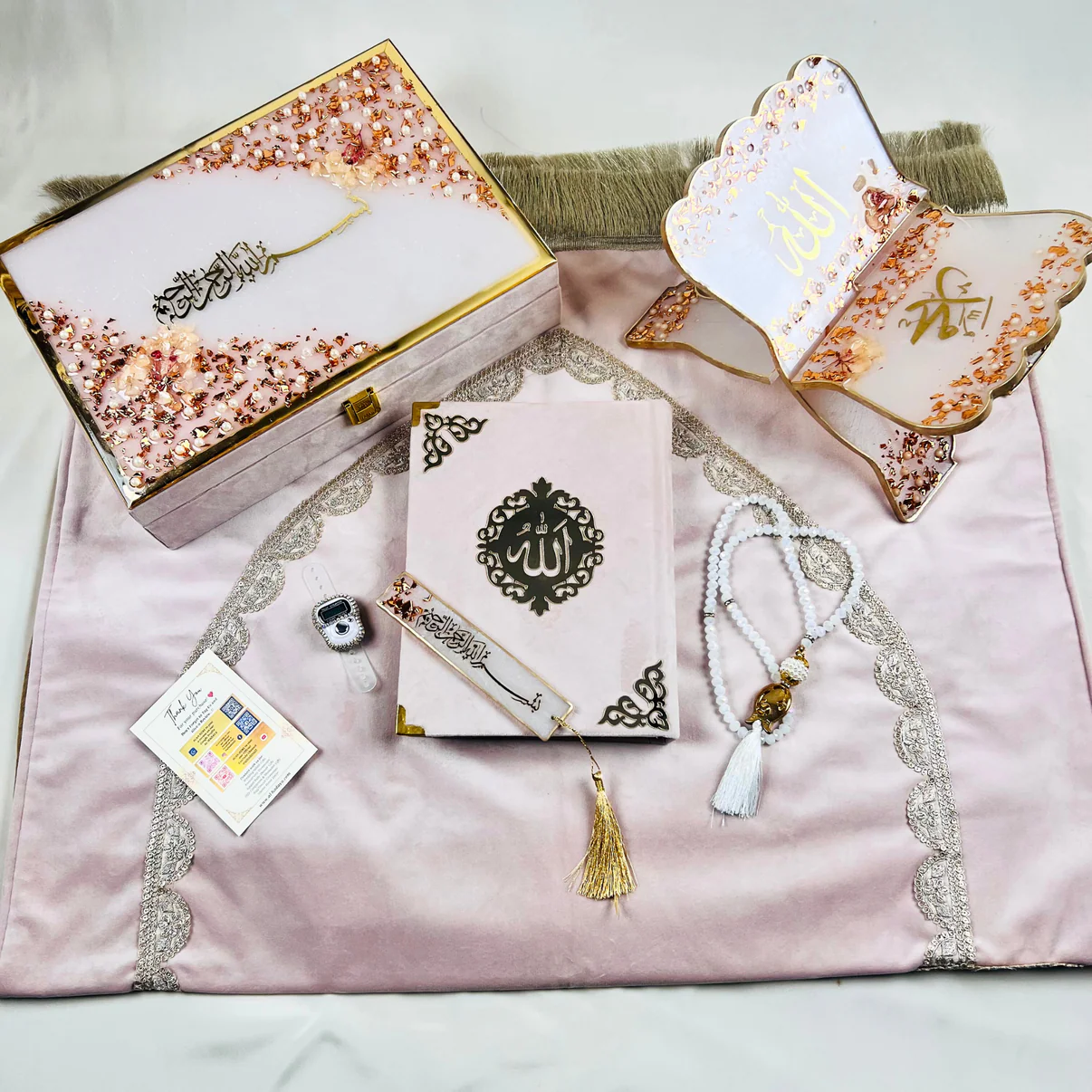 Misty Rose Elegance: Barkat-e-Jariyah Resin Quran Hamper | Quran Gift Set