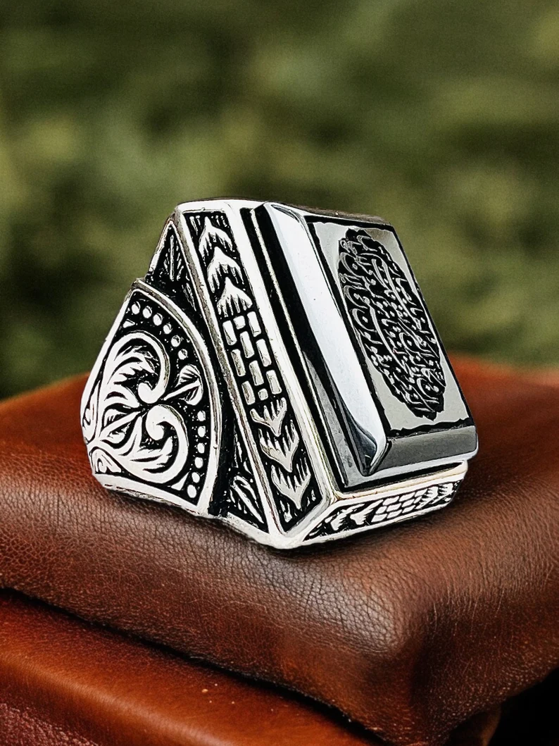 Islamic Ring, Handmade Sterling Silver 925, Carved Agate Quran Verse, Arabic Calligraphy Gift