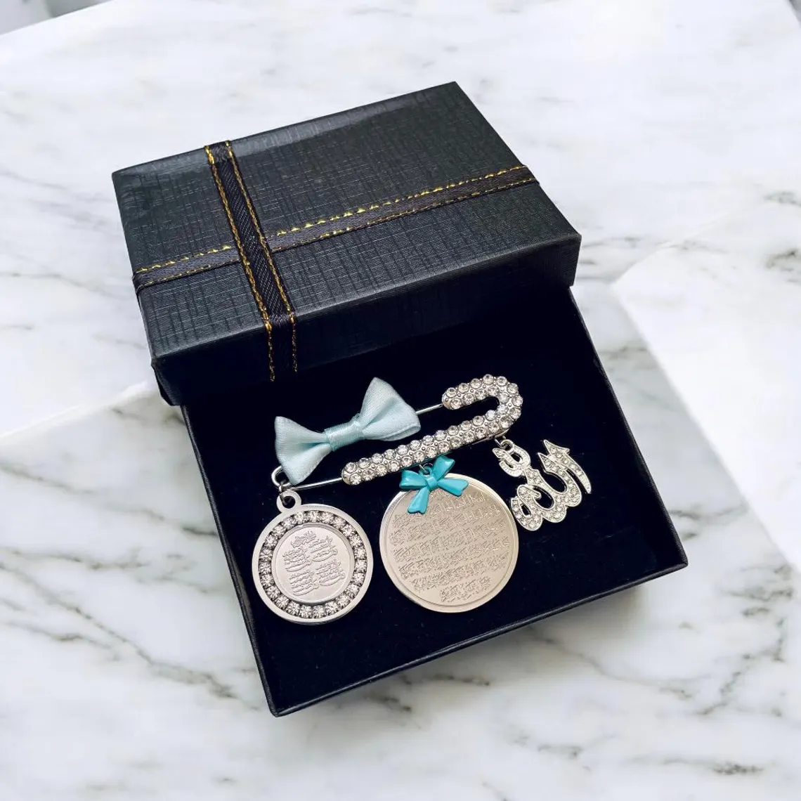 TRIPLE DUA Protection: Ayatul kursi, Four Qul, & Allah charm baby pin, Islamic baby brooches, Islamic baby gift, newborn gift.