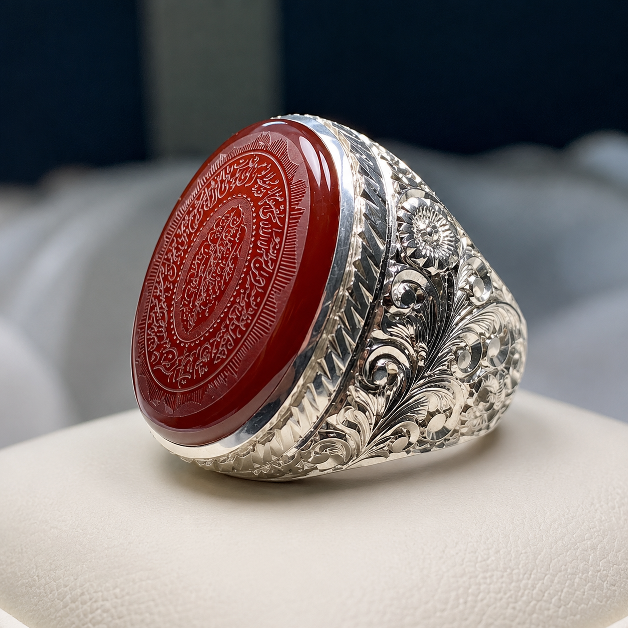 Islamic Ring, Handmade Sterling Silver 925, Carved Agate Quran Verse, Arabic Calligraphy Gift