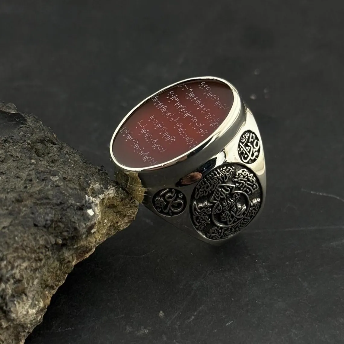 Salat al-Fatih Red Aqeeq Ring | Handmade 925 Sterling Silver Islamic Ring for Men | Natural Red Agate Arabic Calligraphy Jewellery