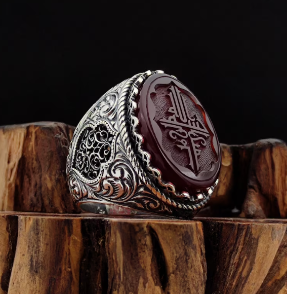 Bismillahirrahmanirrahim Red Aqeeq Ring | Handmade 925 Sterling Silver Islamic Ring for Men | Natural Red Agate Quran Calligraphy Ring