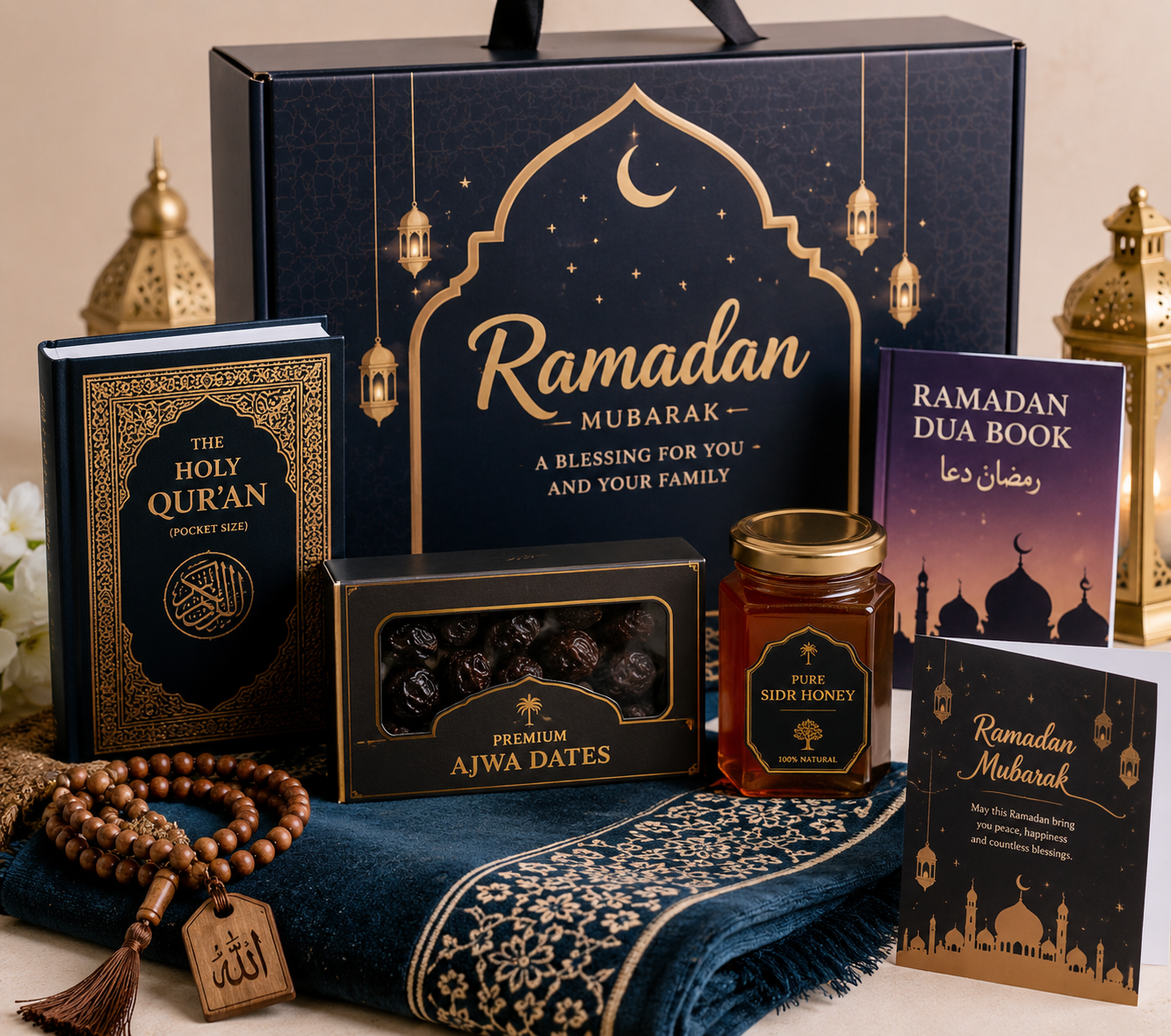 Premium Ramadan Gift Hamper | Ajwa Dates, Pocket Quran, Prayer Mat, Honey & Tasbeeh Gift Set
