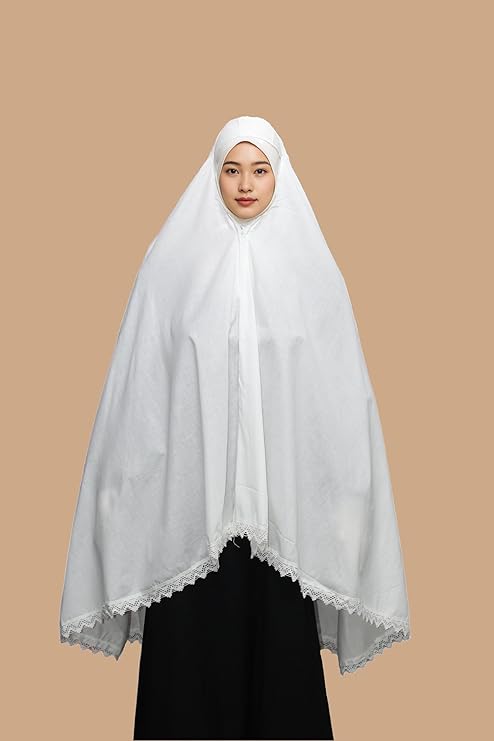 Women’s Cotton Khimar Hijab with Inner Cap & Zipper - White, Breathable, Lightweight, Ready to Wear for Namaz, Hajj & Umrah