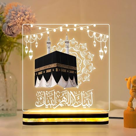 Kaaba Sharif LED Acrylic Lamp, Labbaik Allahumma Labbaik Islamic Night Light, Muslim Home Decor, Hajj Mubarak Souvenir, Umrah Gift, Ramadan Decoration, Prayer Room Accent (5x5 Inch)