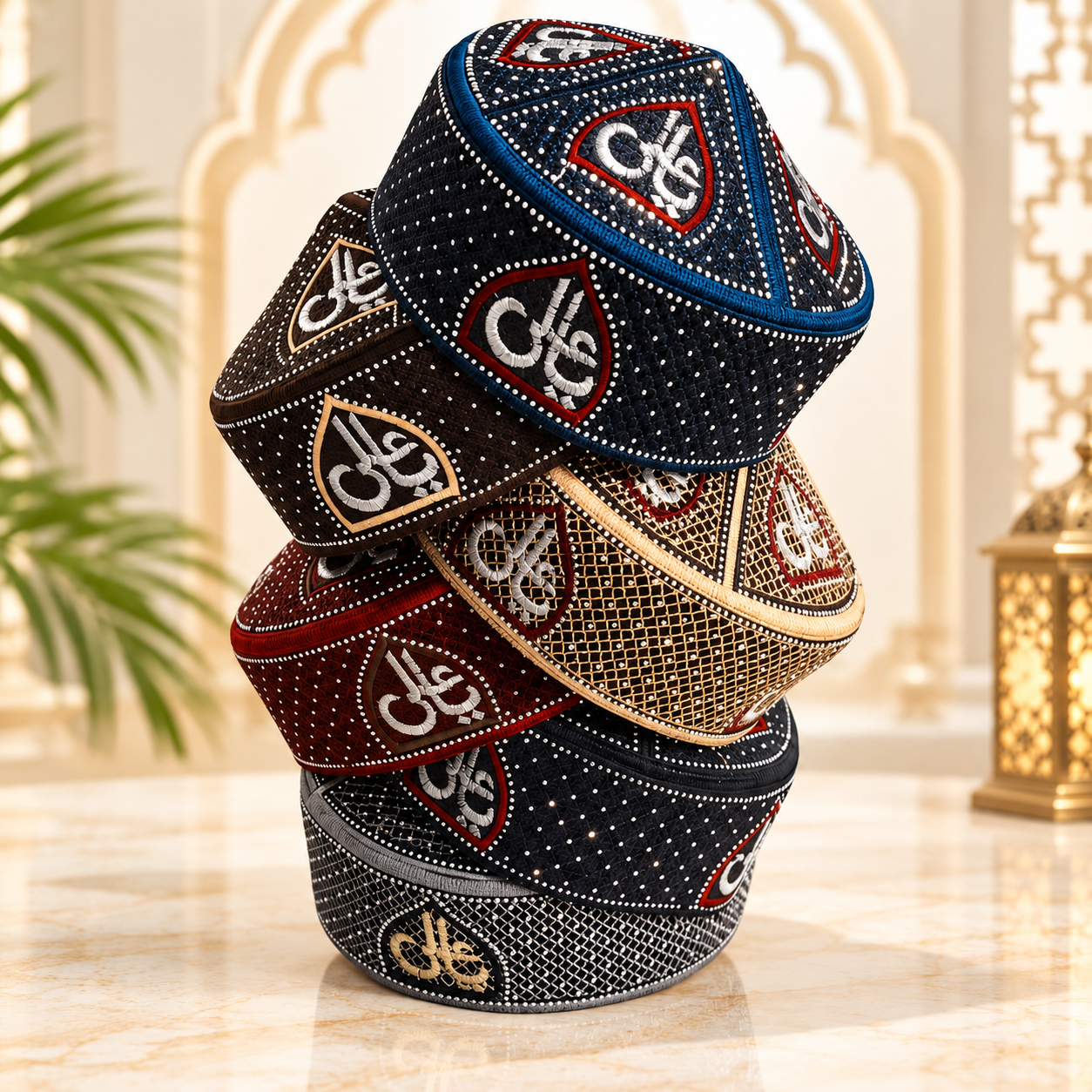 Fancy Men’s Islamic Prayer Cap Namaz Topi – Stone Work Namazi Cap for Muslim Men