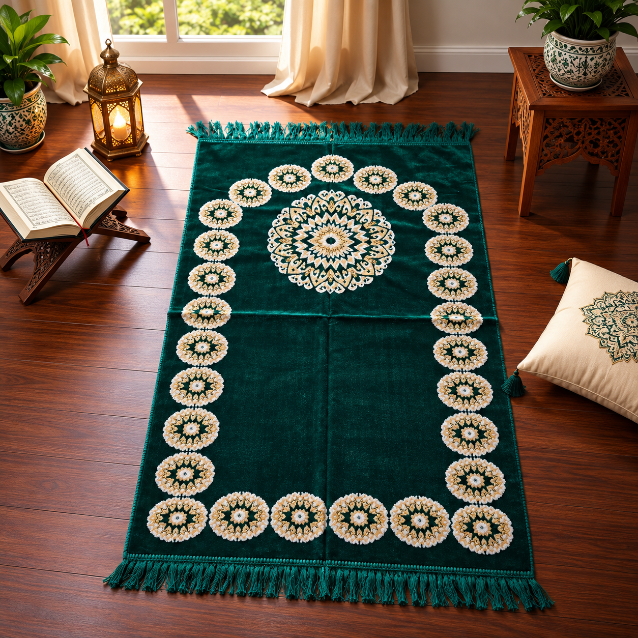 Emerald Green Medallion Janamaz – Premium Velvet Islamic Prayer Mat