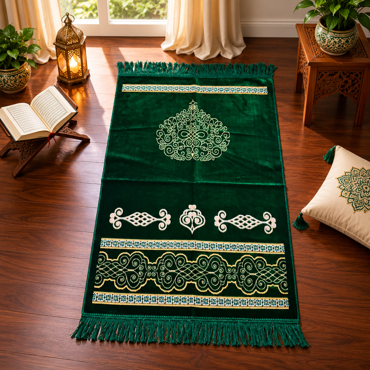 Emerald Green Ornamental Janamaz – Premium Velvet Islamic Prayer Mat