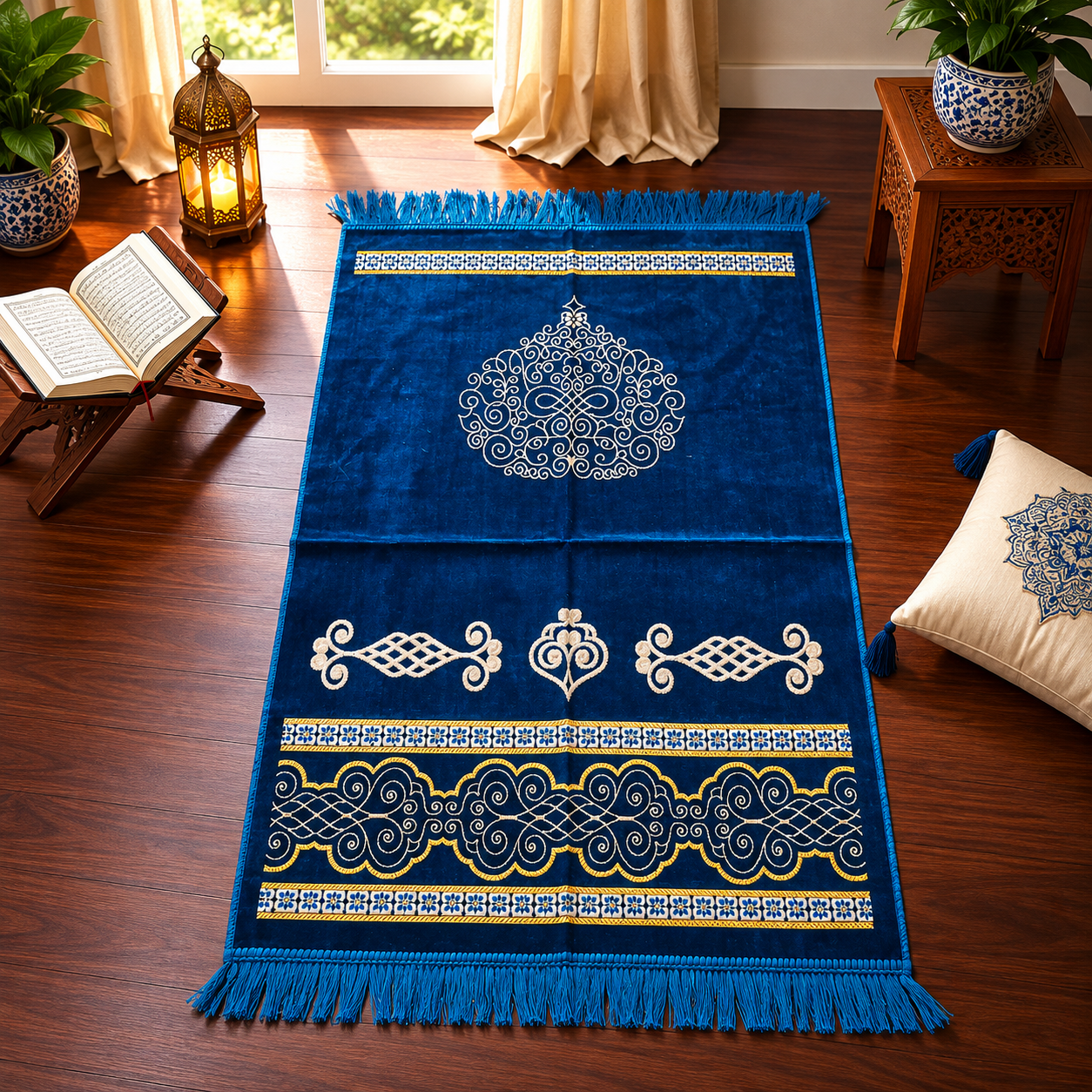 Royal Blue Ornamental Janamaz – Premium Velvet Islamic Prayer Mat