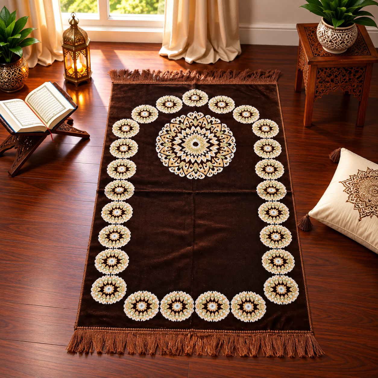 Brown Floral Mandala Janamaz – Premium Velvet Islamic Prayer Mat