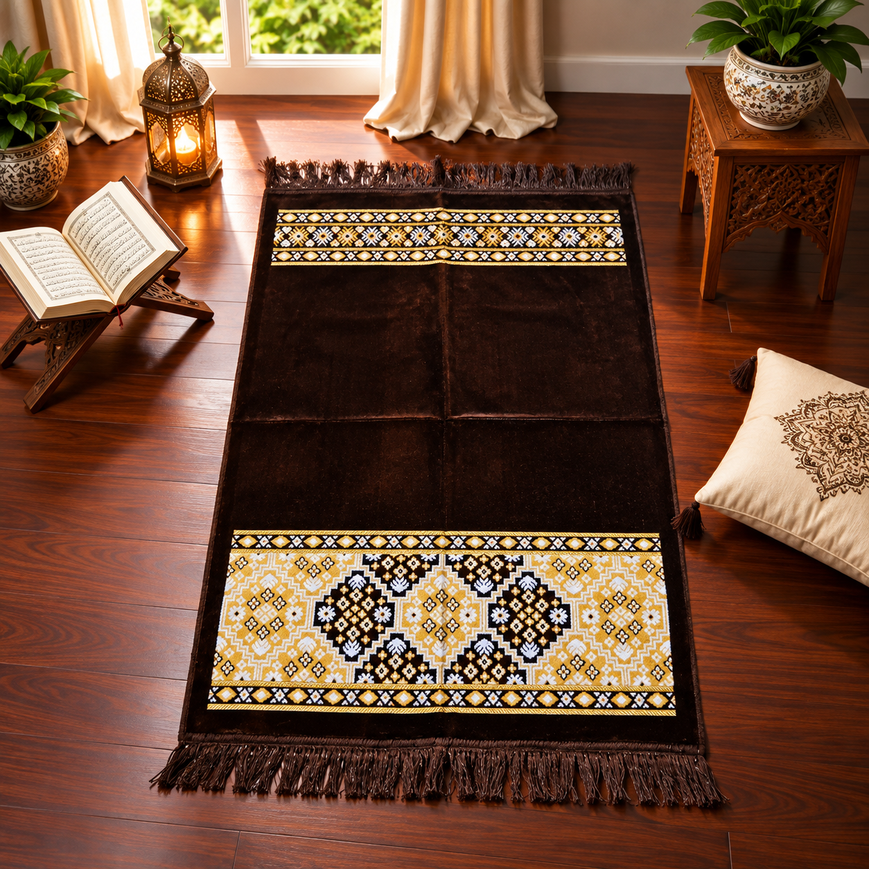 Brown Geometric Janamaz – Premium Velvet Islamic Prayer Mat with Traditional Pattern