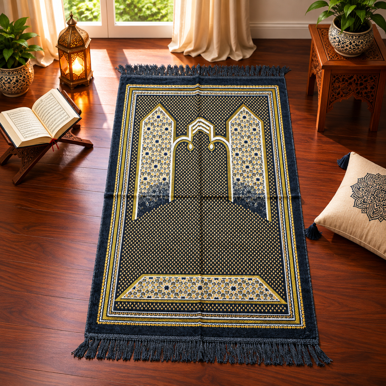 Black Gold Mehrab Janamaz – Premium Velvet Islamic Prayer Mat with Mosque Design