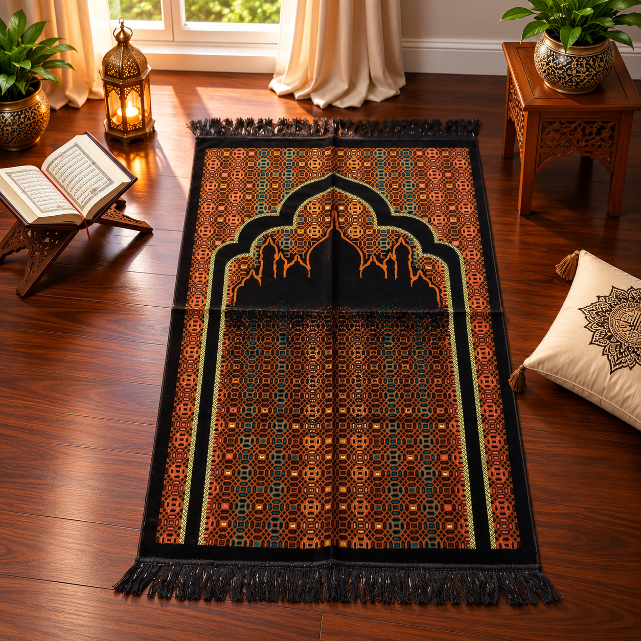 Black Mosque Arch Janamaz – Premium Velvet Islamic Prayer Mat with Geometric Design