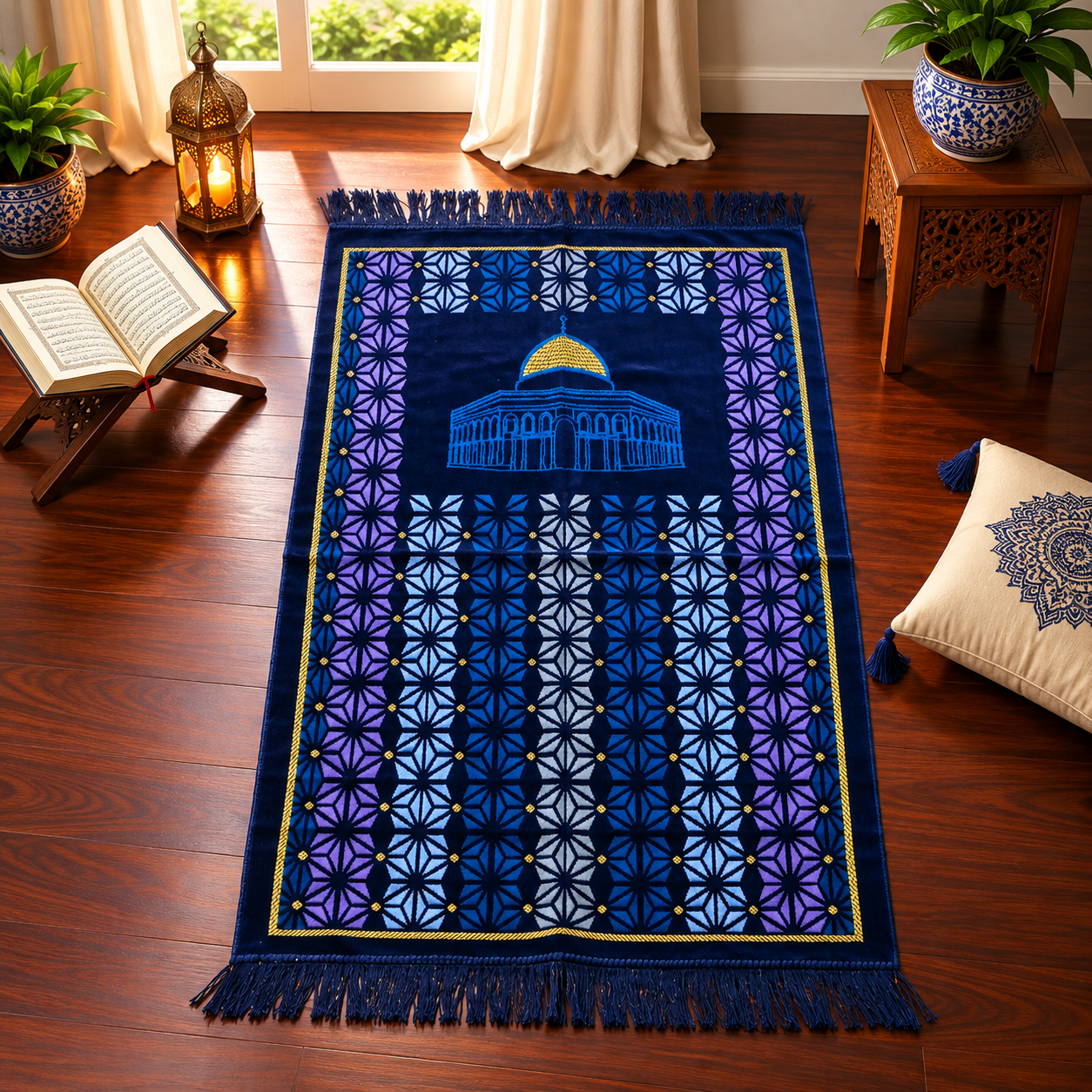 Navy Blue Dome Mosque Janamaz – Premium Velvet Islamic Prayer Mat with Geometric Design