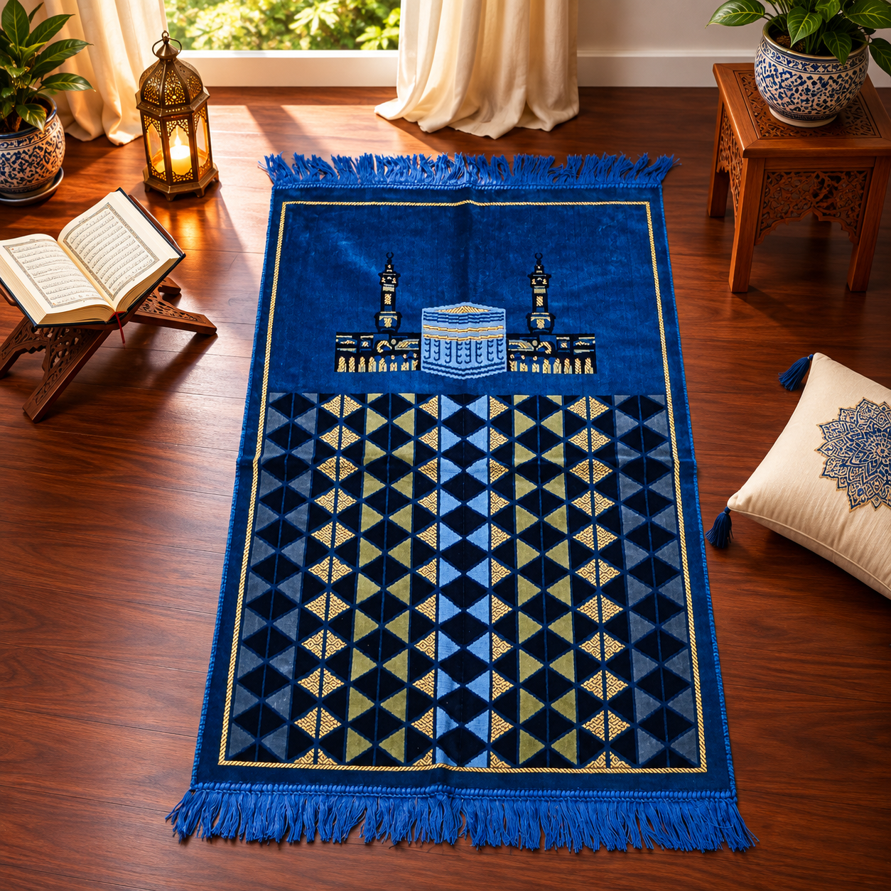 Royal Blue Kaaba Mosque Janamaz – Premium Velvet Islamic Prayer Mat with Geometric Design