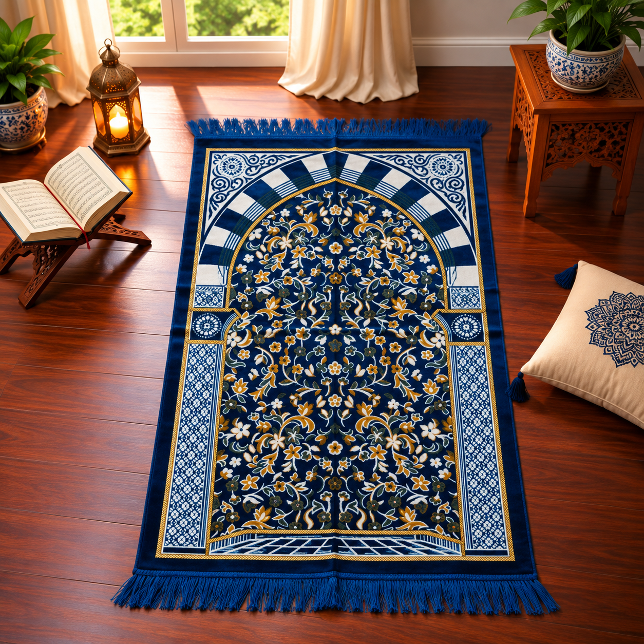 Navy Blue Floral Arch Janamaz – Premium Velvet Islamic Prayer Mat