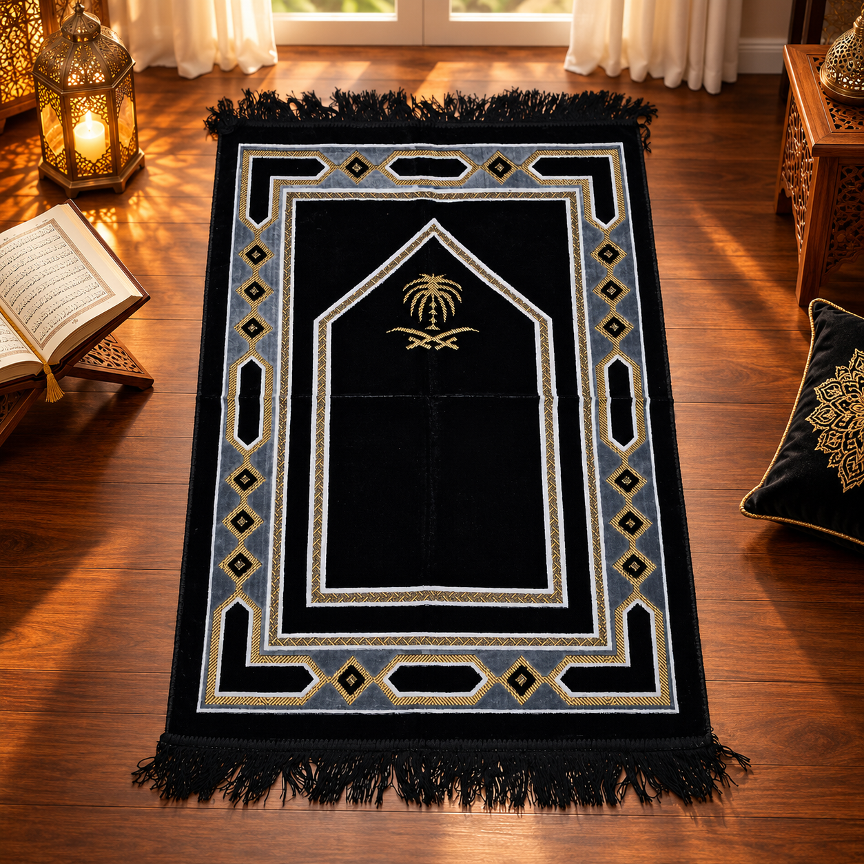 Black Royal Mehrab Janamaz – Premium Velvet Islamic Prayer Mat with Gold Geometric Design