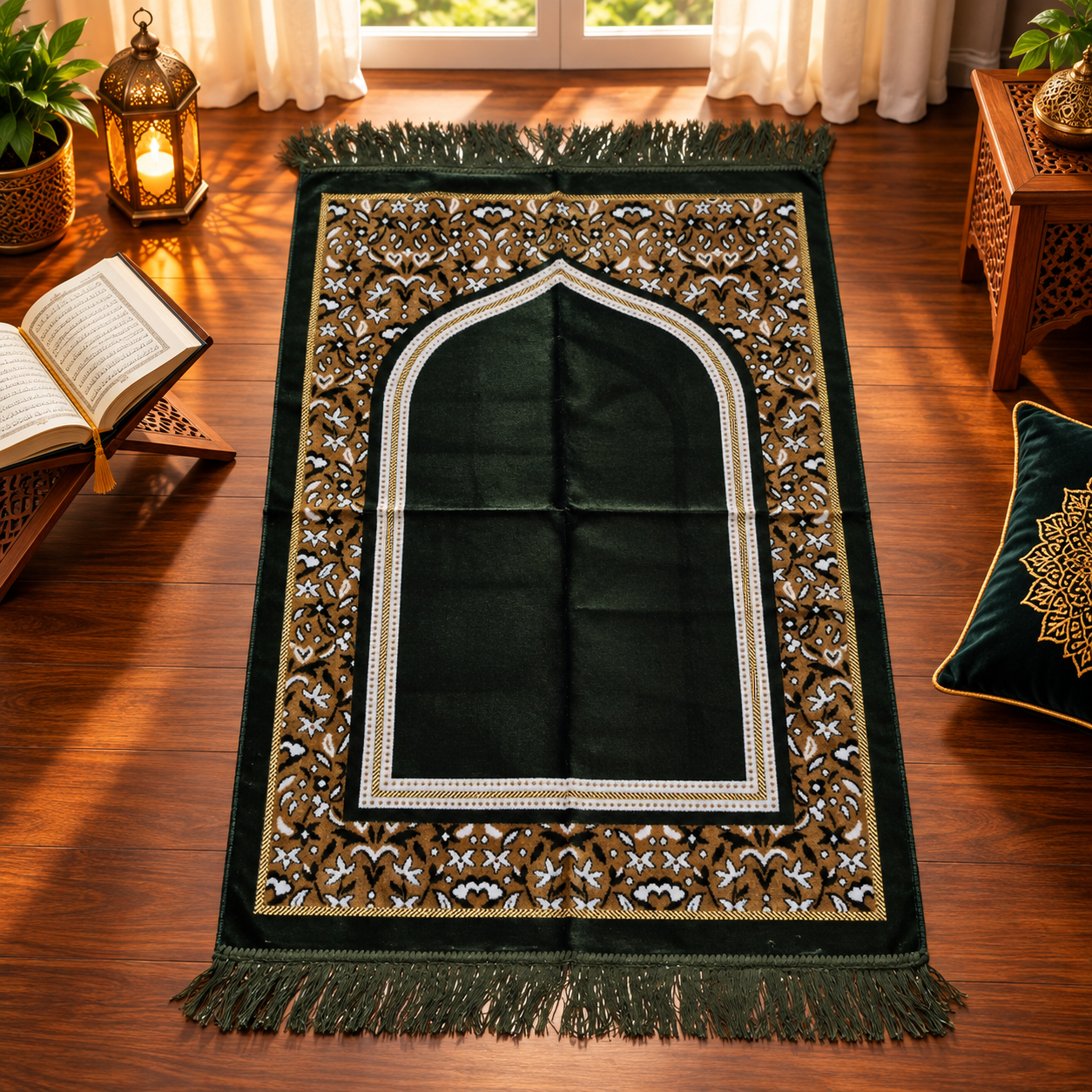 Forest Green Floral Mehrab Janamaz – Premium Velvet Islamic Prayer Mat