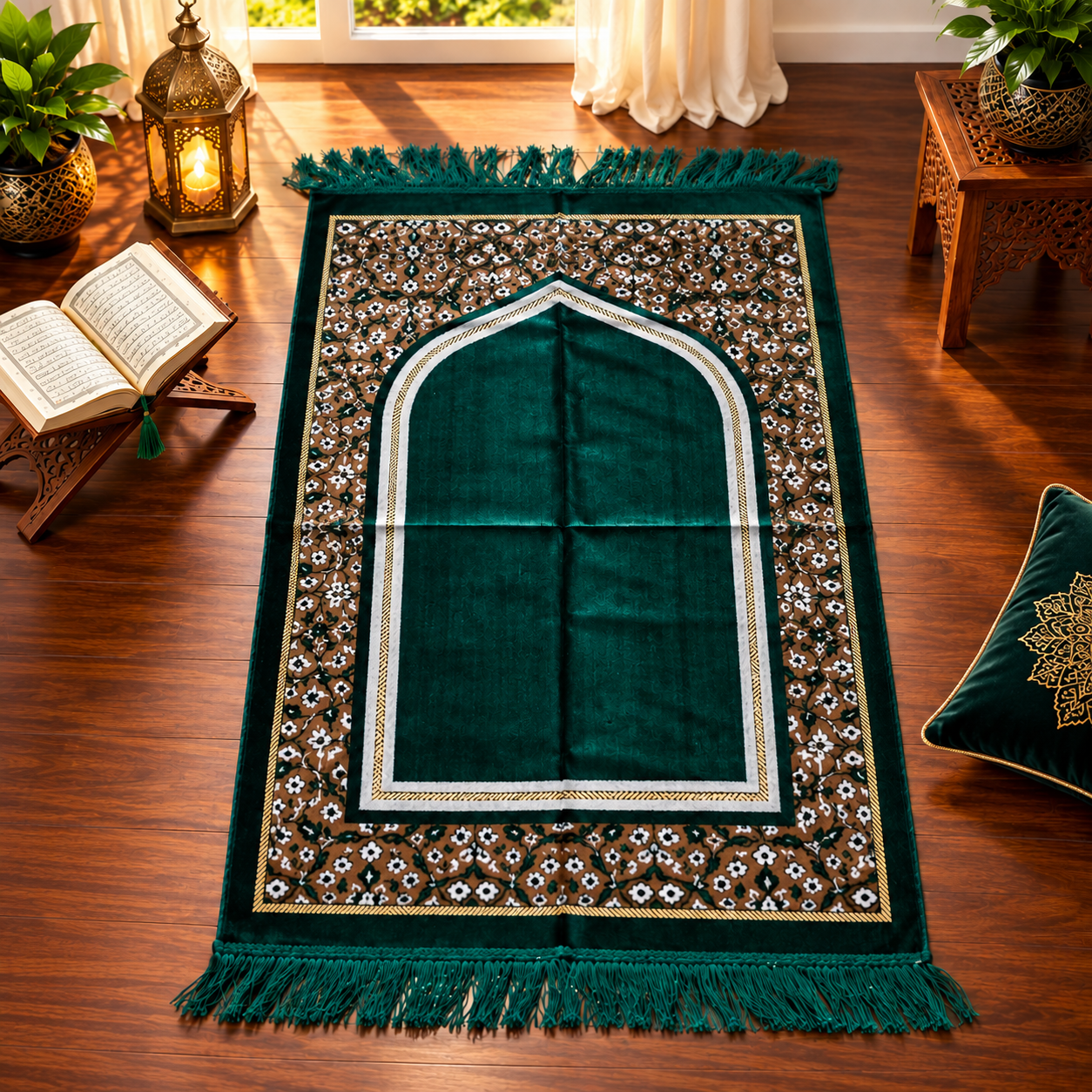 Teal Floral Mehrab Janamaz – Premium Emerald Velvet Islamic Prayer Mat