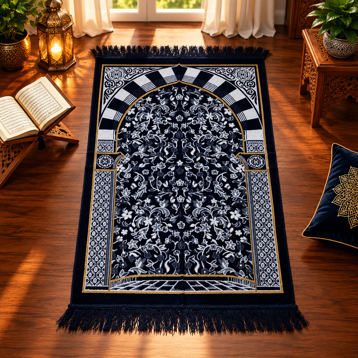 Navy Blue Floral Mehrab Janamaz – Premium Velvet Islamic Prayer Mat