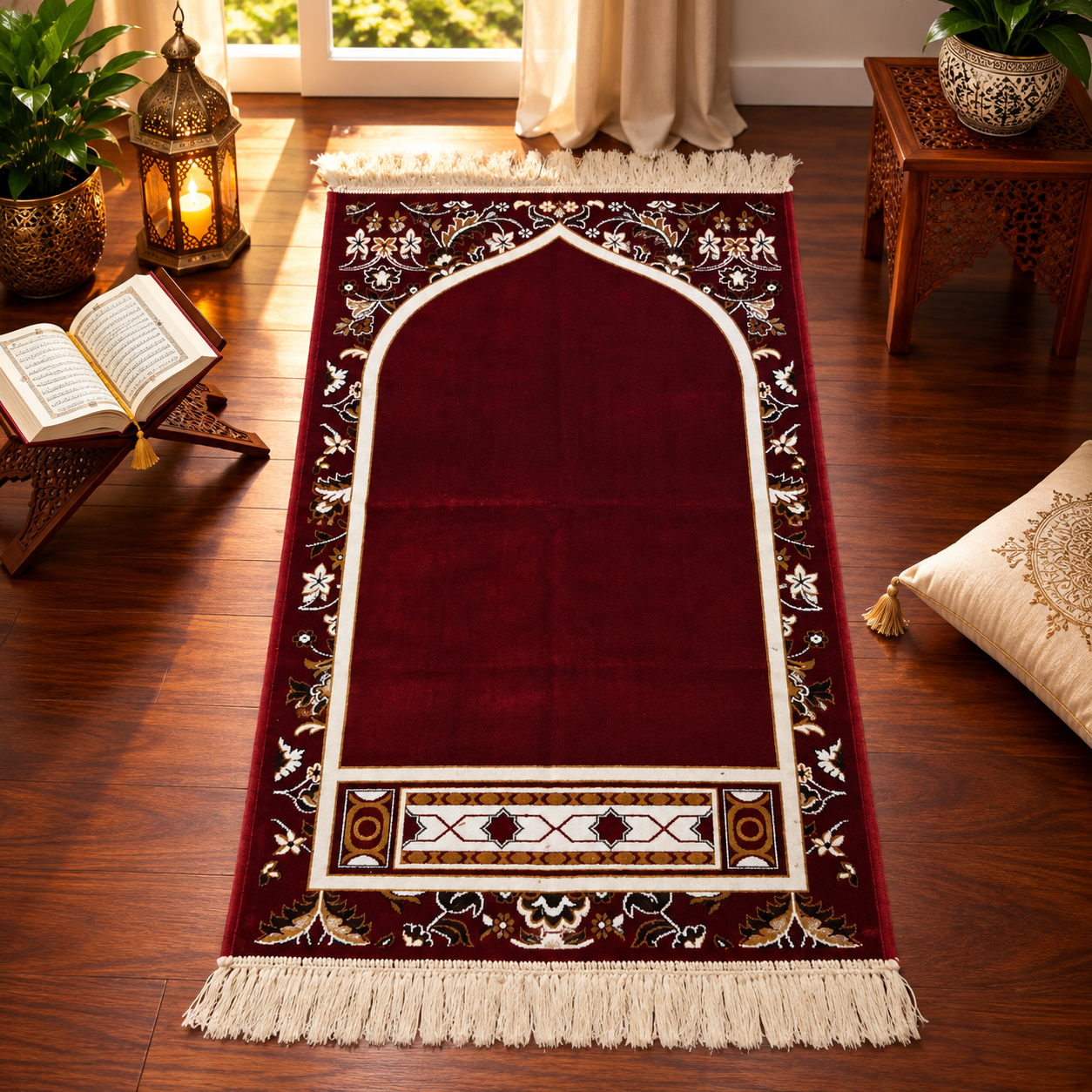 Wine Floral Mehrab Janamaz – Premium Maroon Velvet Islamic Prayer Mat