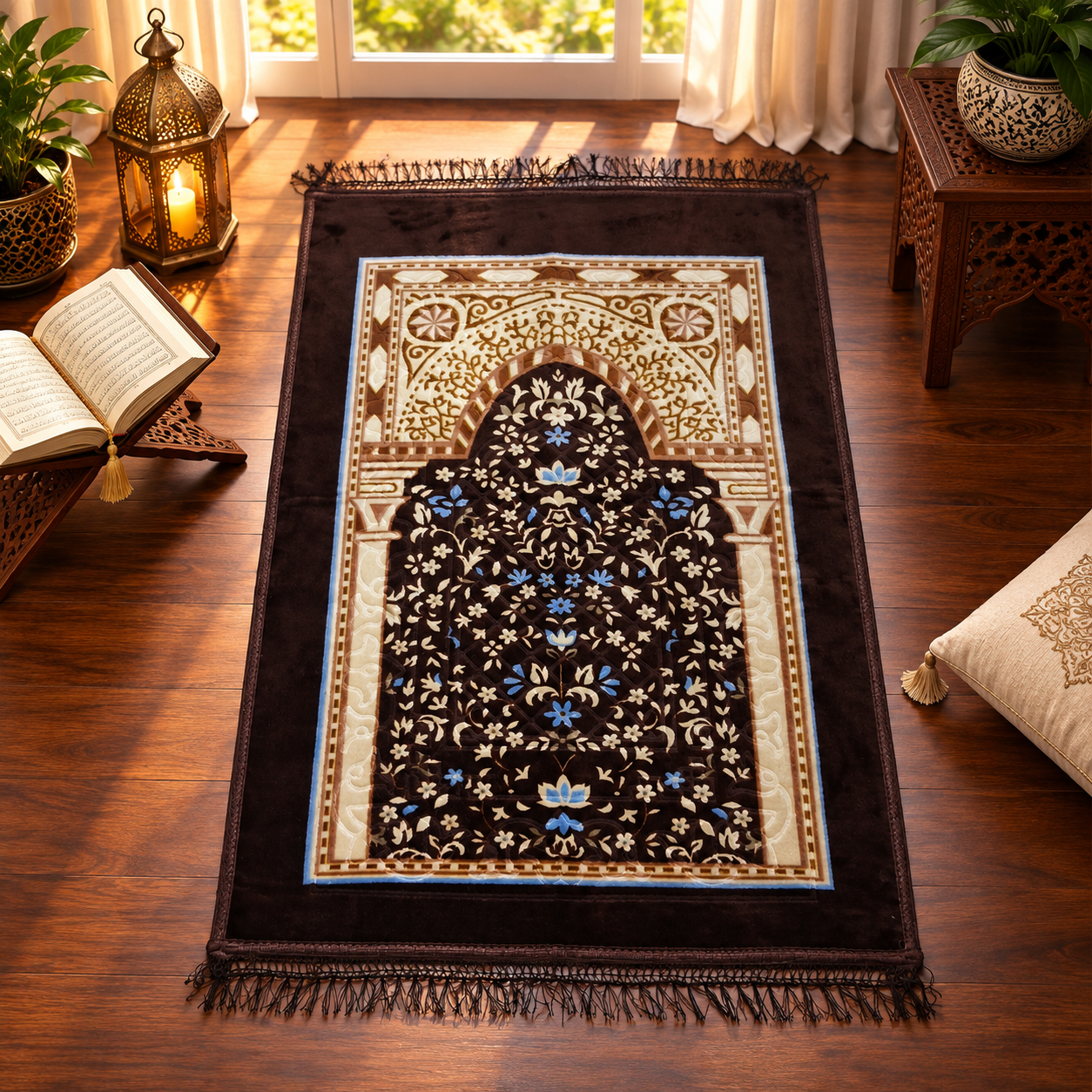 Brown Floral Mehrab Janamaz – Premium Velvet Islamic Prayer Mat with Ornamental Design