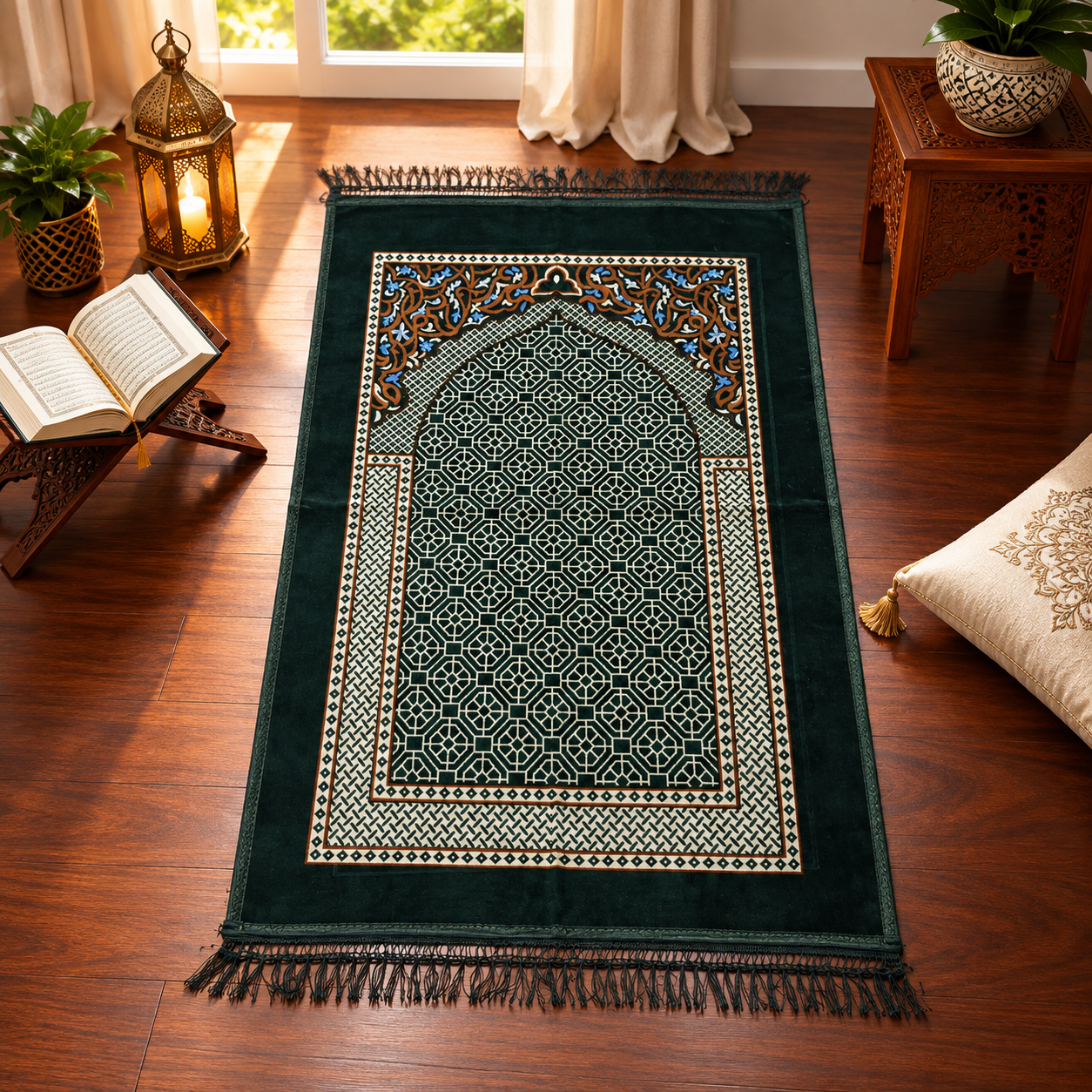 Forest Green Geometric Mehrab Janamaz – Premium Velvet Islamic Prayer Mat