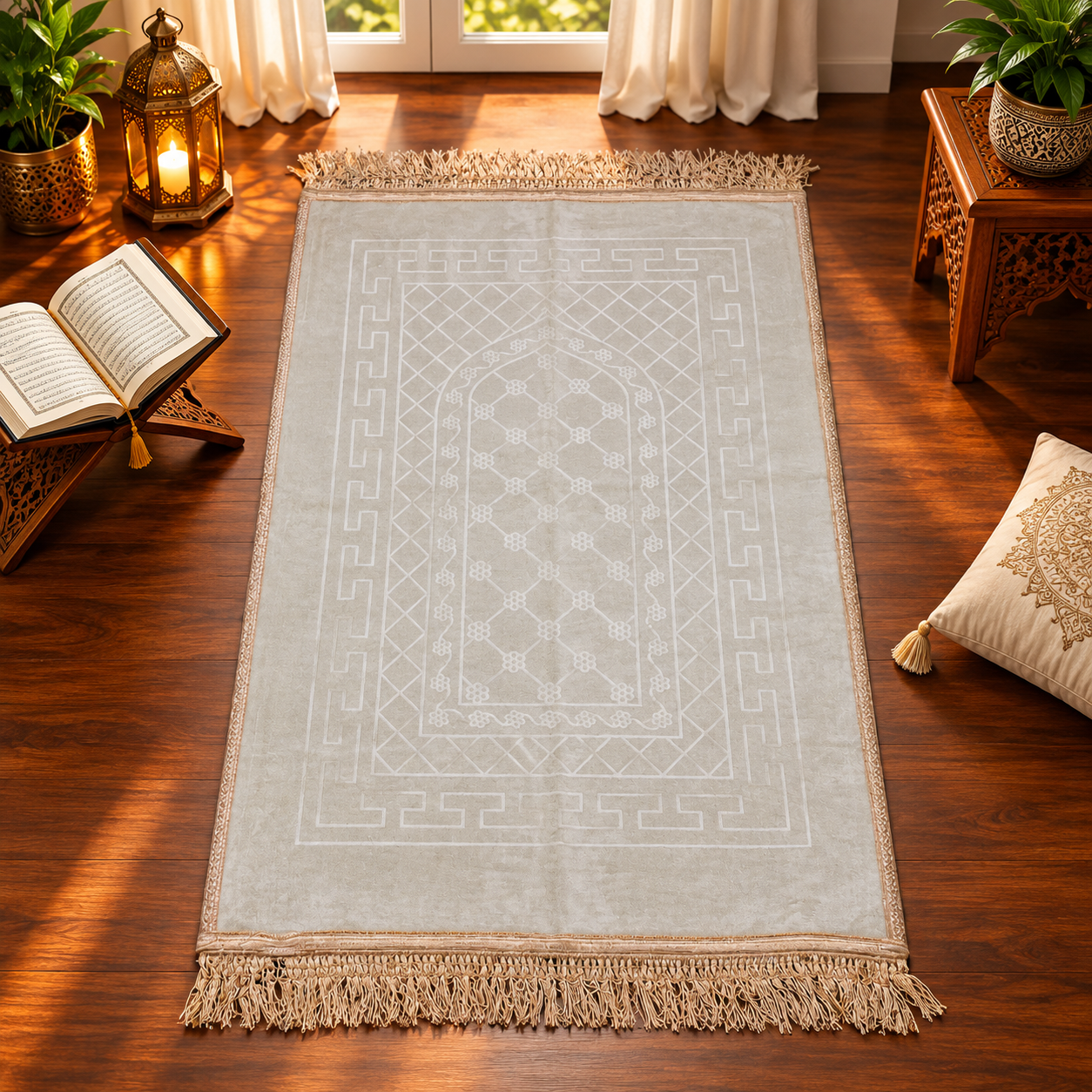 Ivory Mehrab Janamaz – Premium Cream Velvet Islamic Prayer Mat with Geometric Border