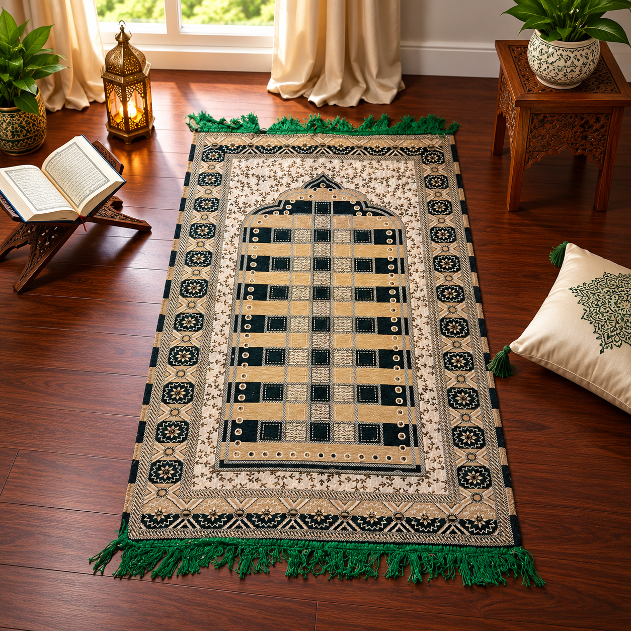 Sonata Kaaba Janamaz – Premium Green, Black & Gold Velvet Islamic Prayer Mat